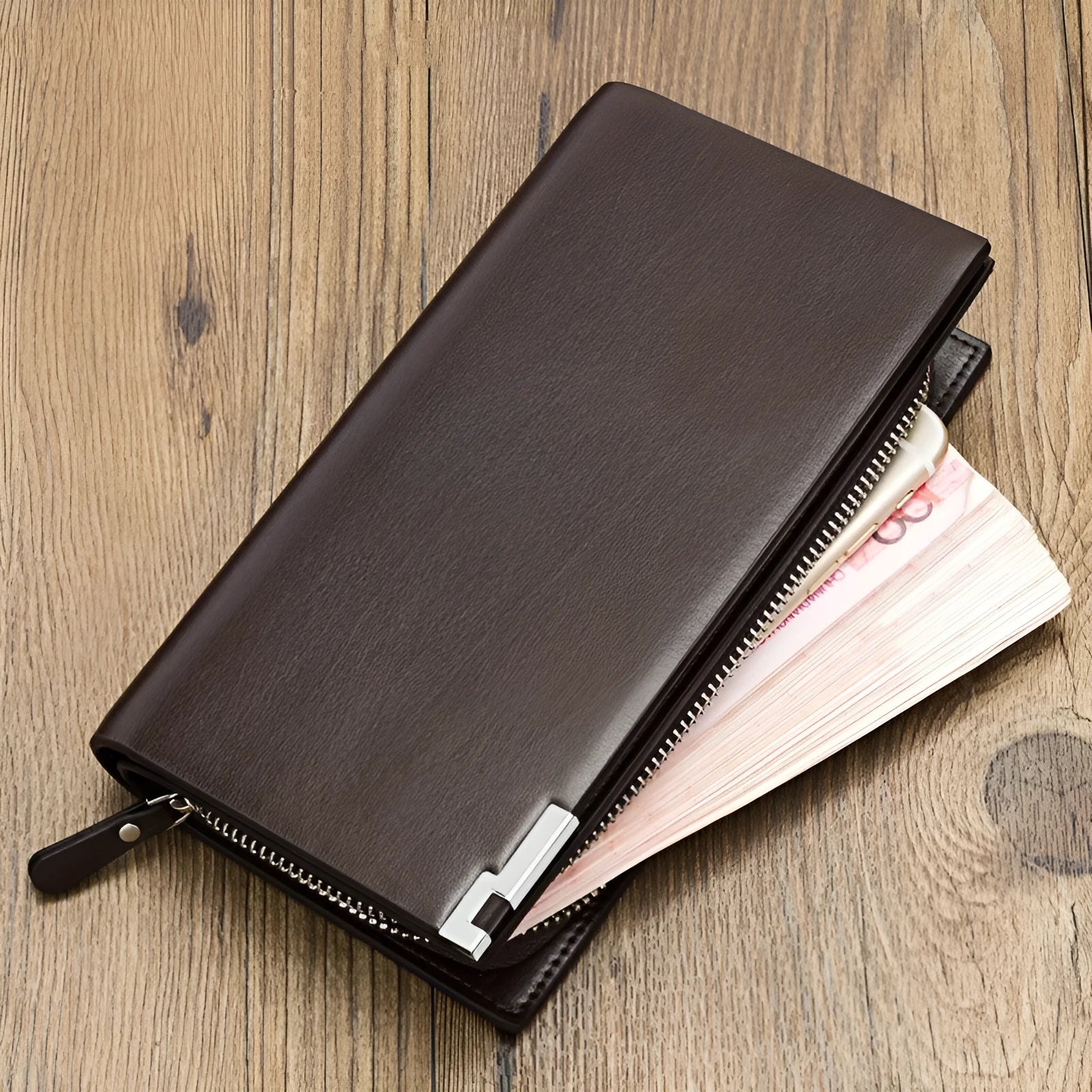 Men's long black PU leather wallet with a full-length silver zipper closure.