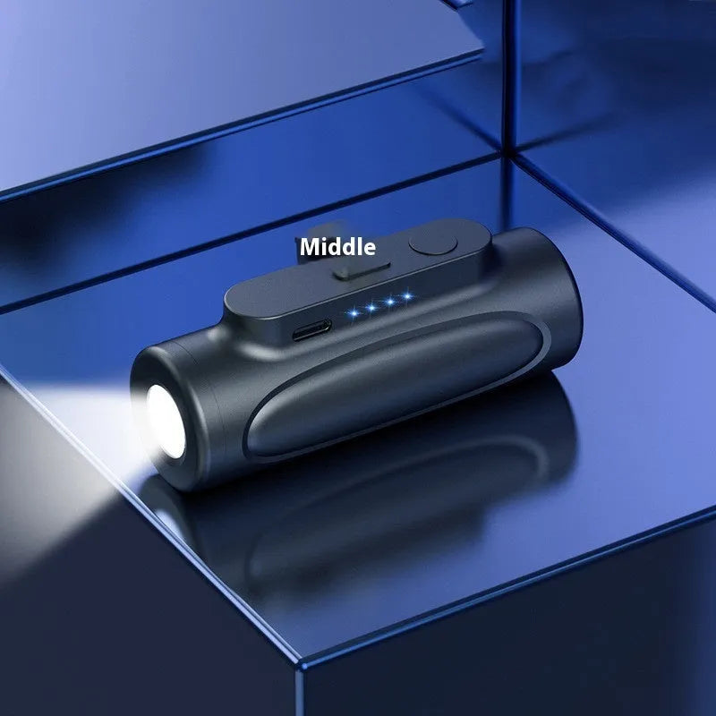 Black creative power bank with LED flashlight showing Type-C port and compact 83x27x41mm dimensions