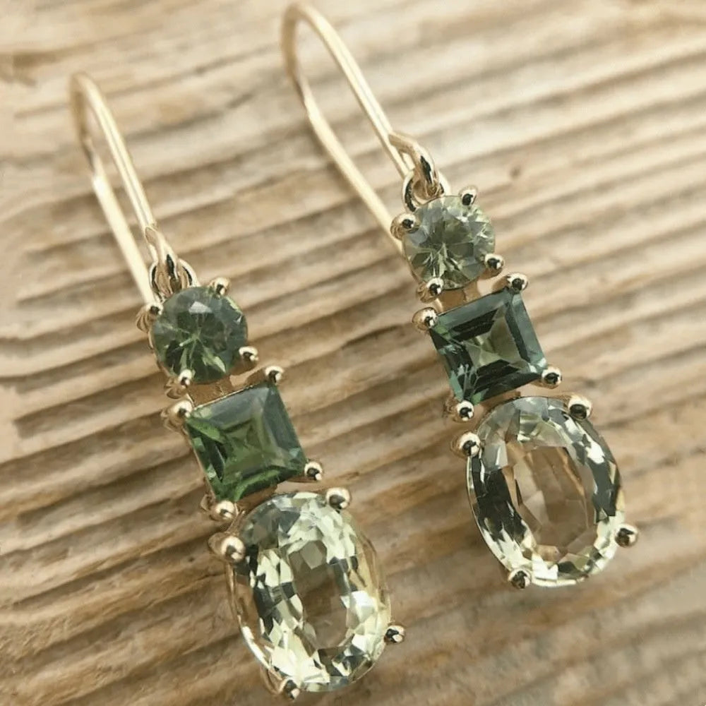 Green geometric quadrilateral copper earrings with retro bohemian styling for unisex wear