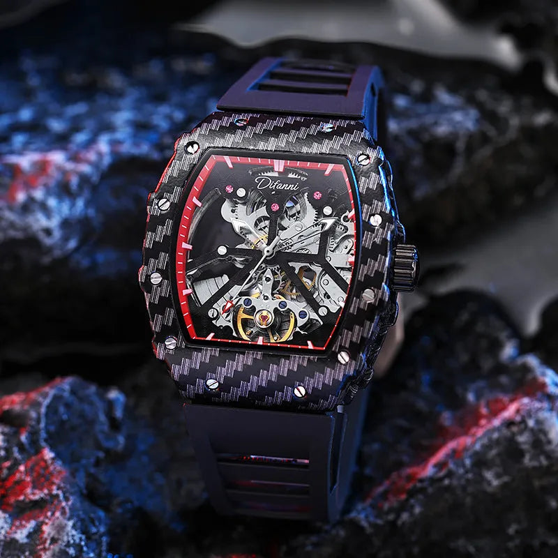 Men's mechanical waterproof watch with luminous dial, rubber strap and see-through case back showing movement