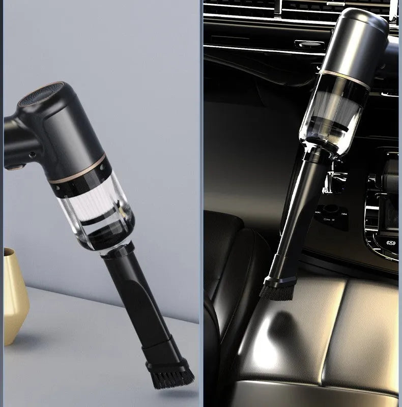 Black wireless car vacuum cleaner with accessories including brush heads and nozzles for vehicle interior cleaning