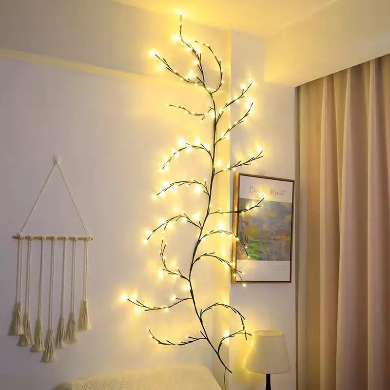 Flexible LED willow vine light garland with birch texture and 144 warm white lights on 2.3 metre branch