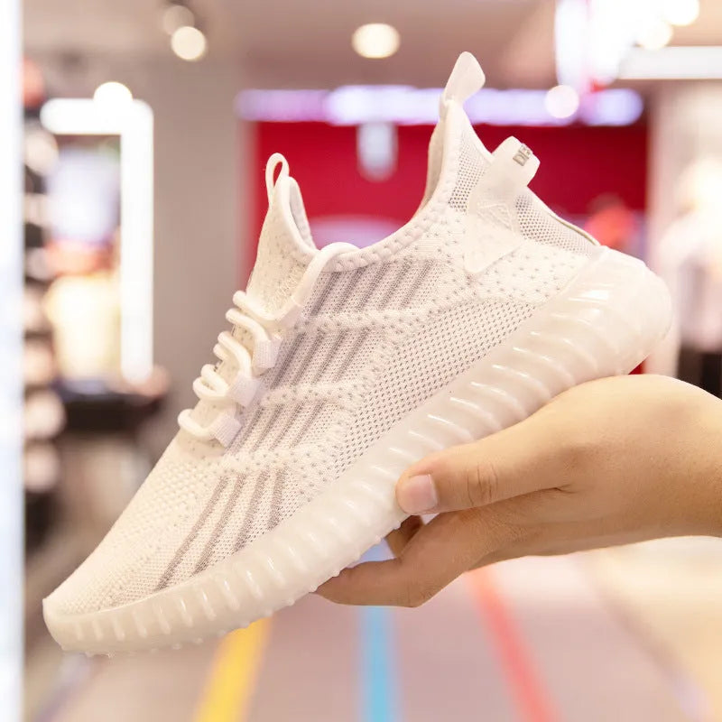 Men's white breathable flying fabric sports shoes with low-cut design and platform heel.