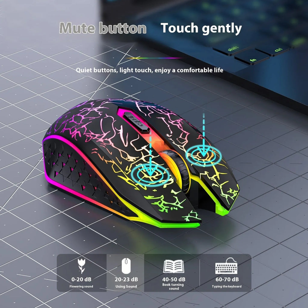 Black and white versions of a wireless gaming mouse with luminous breathing light on a desk with charging cable.
