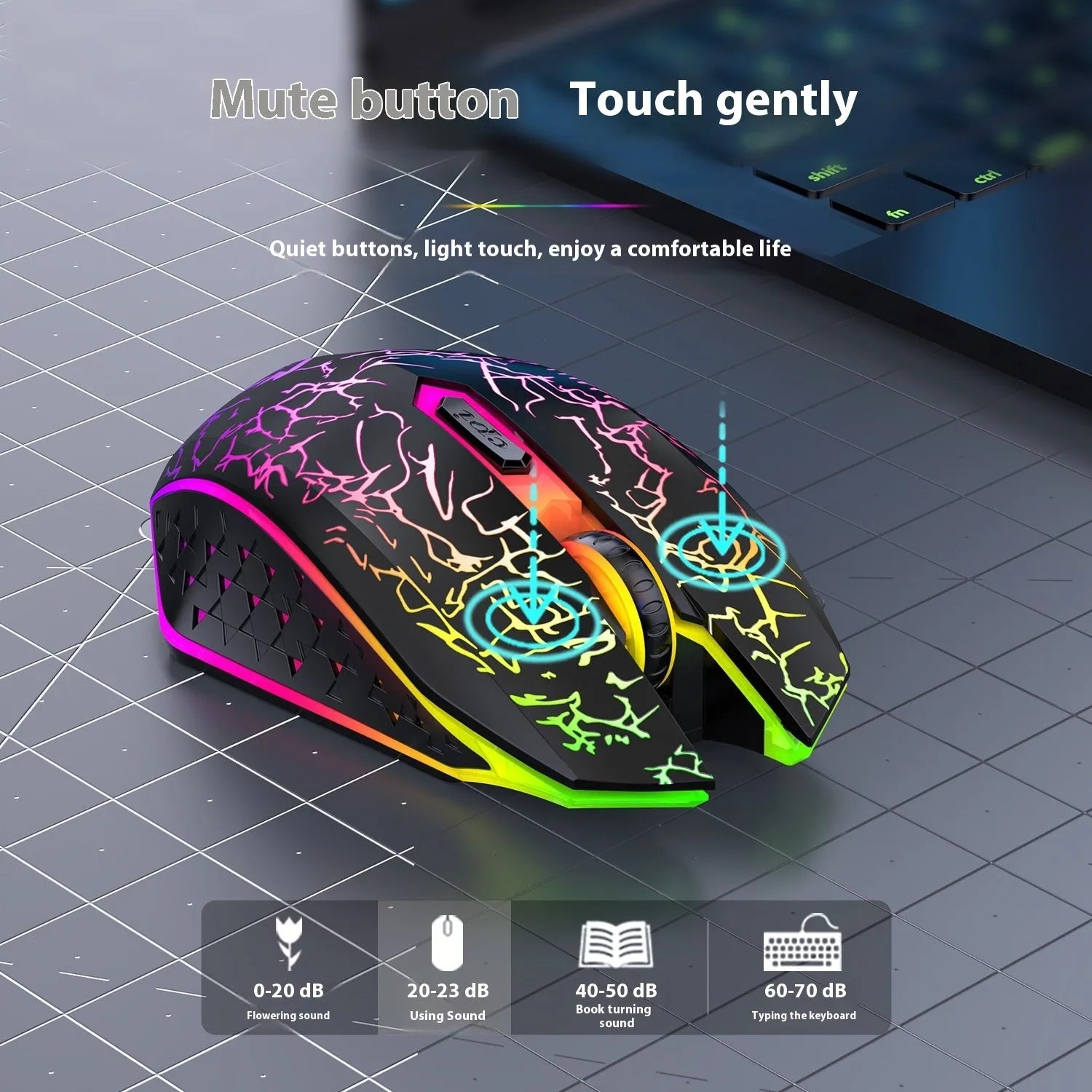 Black and white versions of a wireless gaming mouse with luminous breathing light on a desk with charging cable.