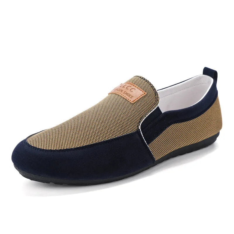 Men's grey and khaki canvas casual board shoes with round toe and stitching detail.