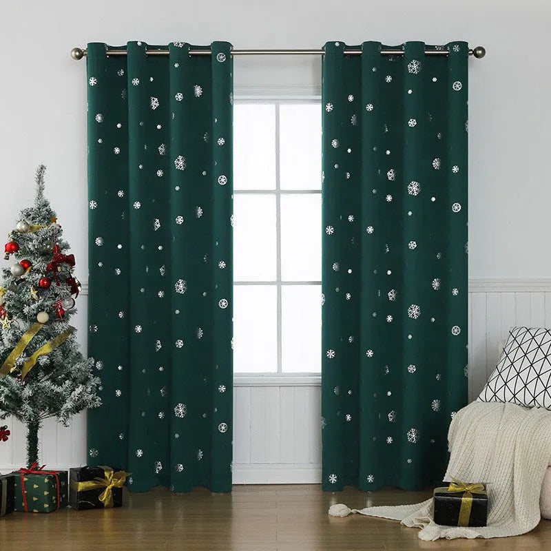 Polyester shade cloth curtain with snowflake pattern in red or green with lace loop or iron hoop trim