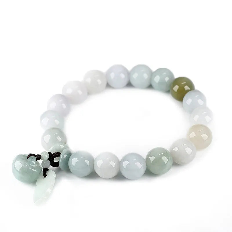 Adjustable natural jade bracelet with geometric pendant and symbolic apple, Maitreya, gourd, and money bag charms.