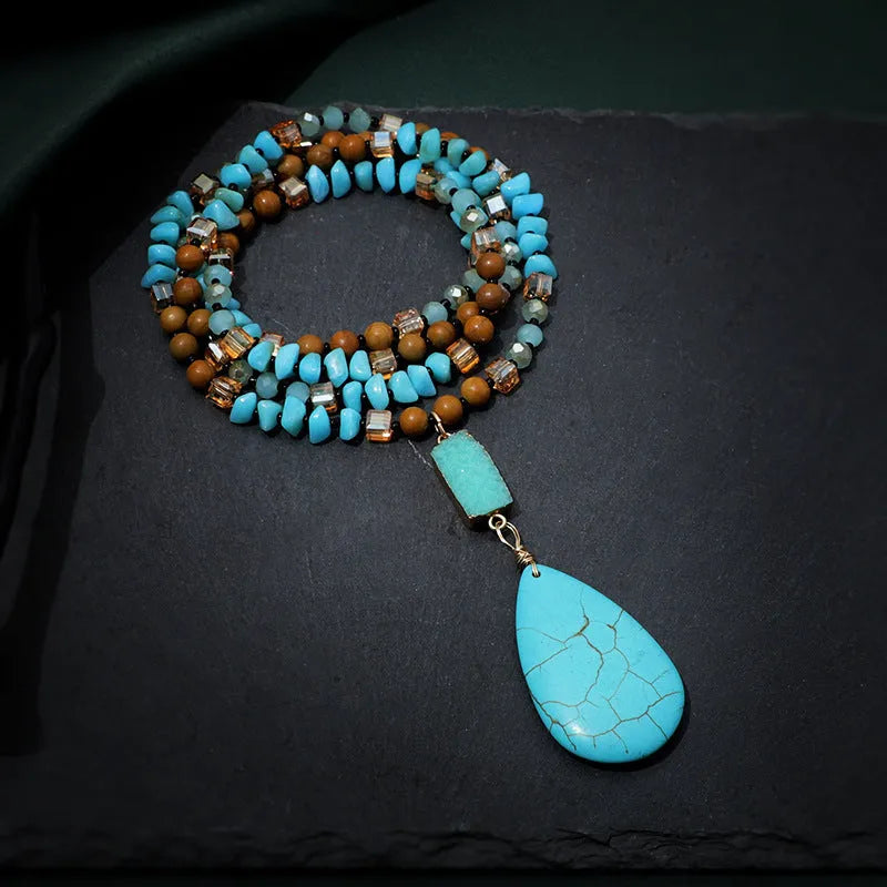 Blue turquoise drop pendant necklace on ball bead chain measuring 81cm