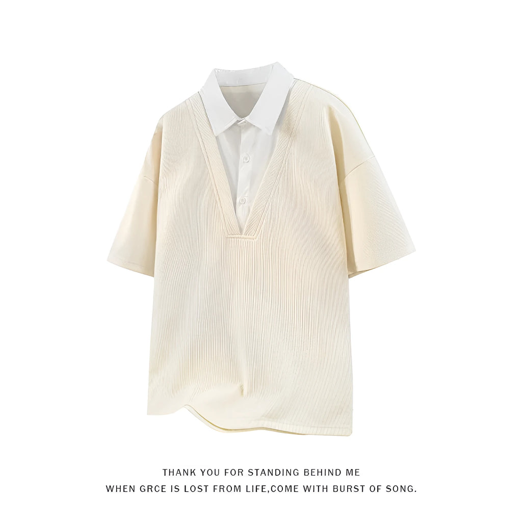 Men's thin heavy Henry collar polo shirt sweater in spandex, short sleeve pullover in apricot colour.