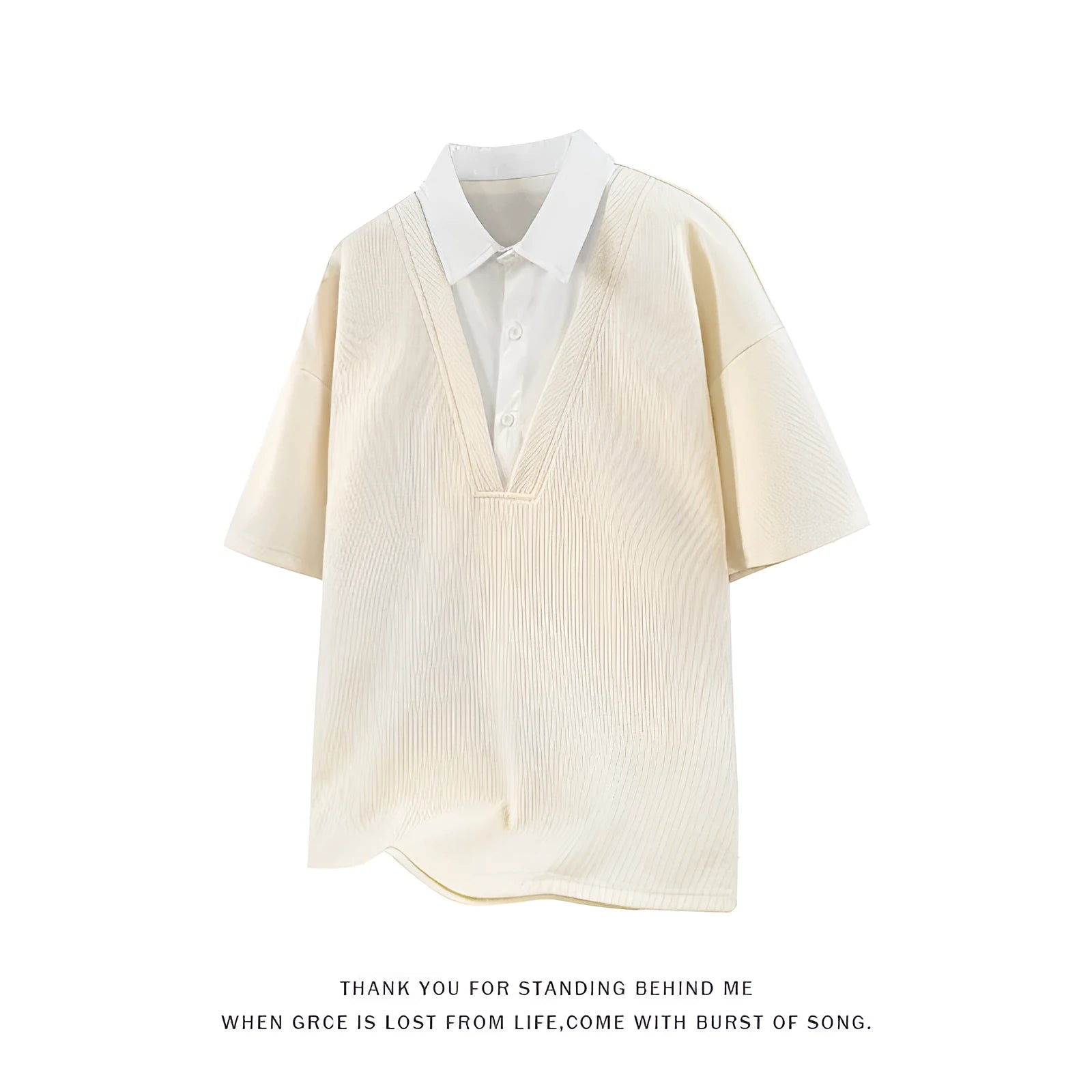 Men's thin heavy Henry collar polo shirt sweater in spandex, short sleeve pullover in apricot colour.