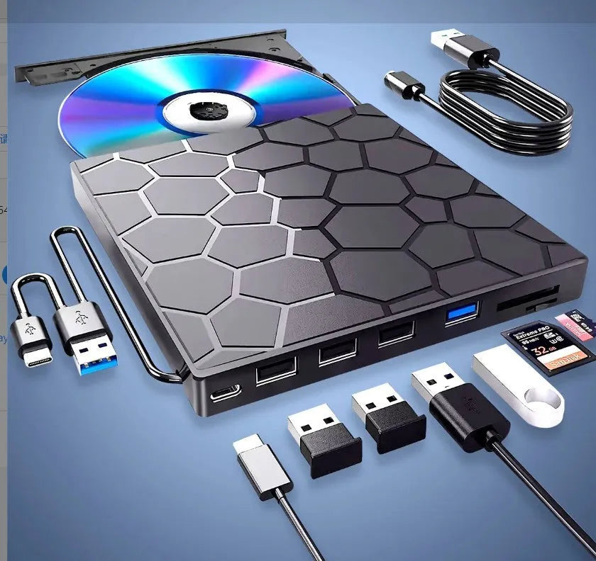 Black external USB CD drive and writer with compact 15.5 cm design