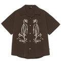 Brown striped Cuban collar outdoor shirt with short sleeves for mountain camping