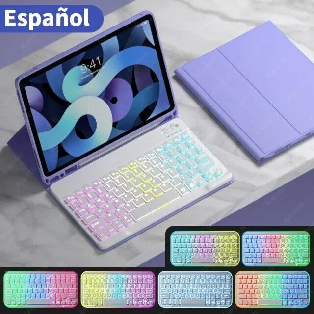 Colourful iPad leather case with attached luminous RGB backlit Bluetooth keyboard on a desk.