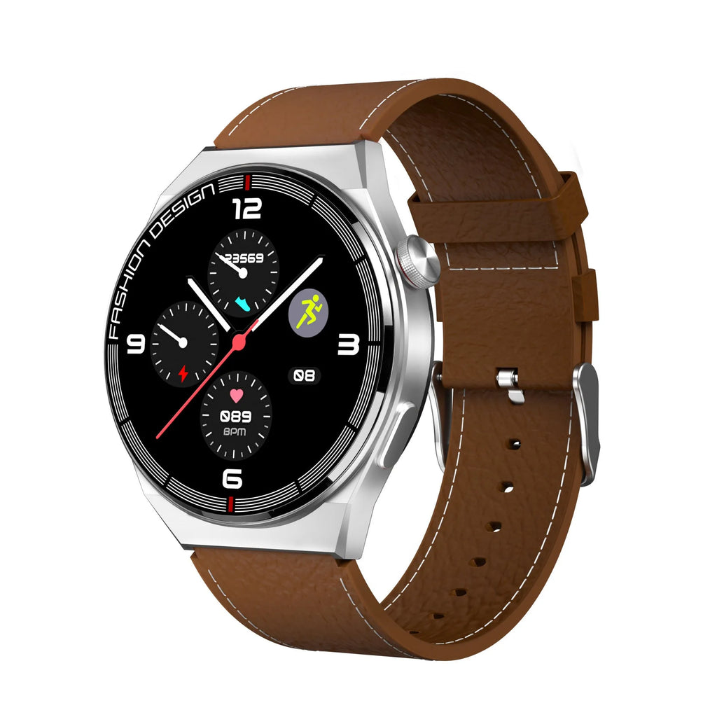 Black smartwatch with 1.28-inch screen on a silicone strap, showing heart rate and time display.