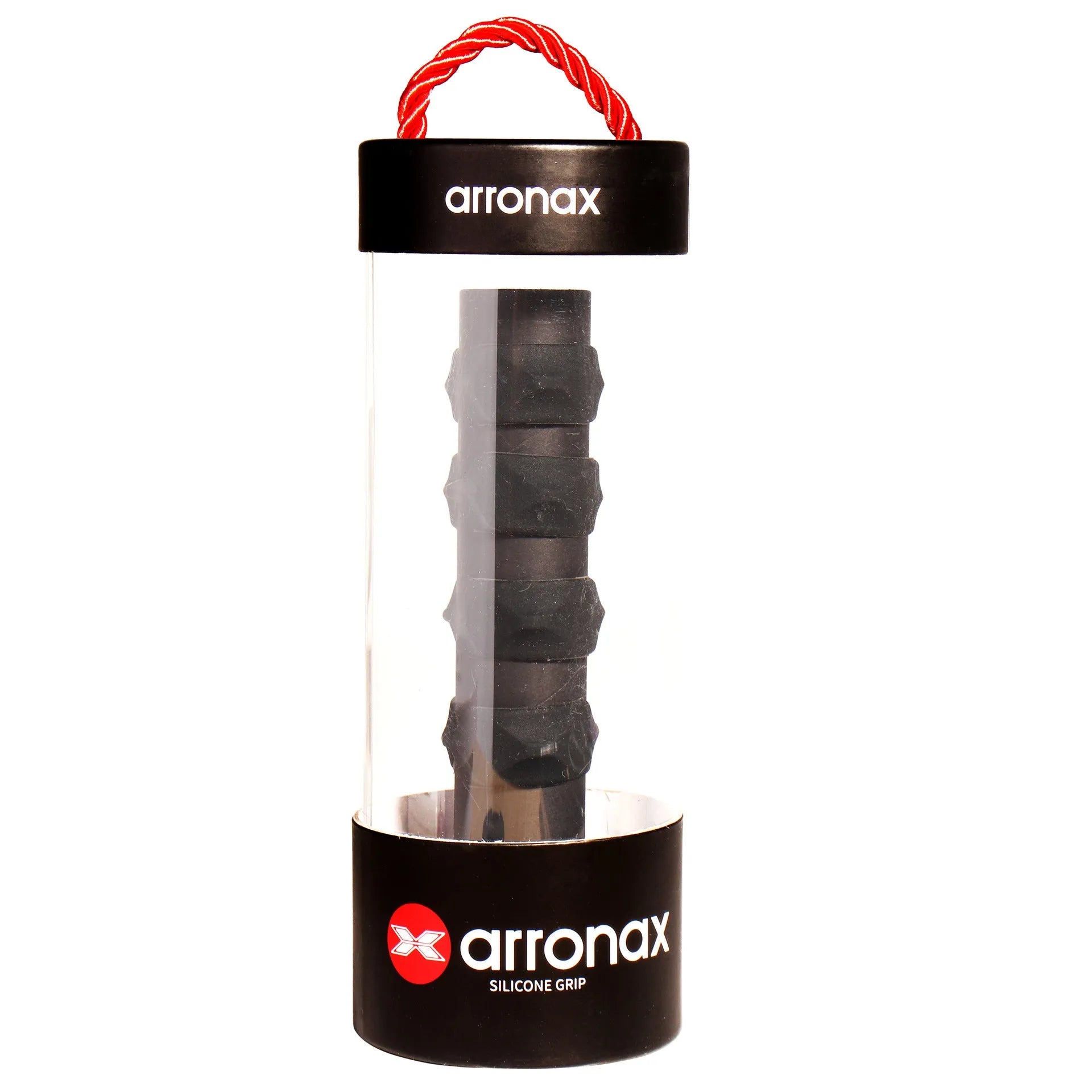 Peak silicone racket hand grip buckle in seven colours on a badminton racket handle.