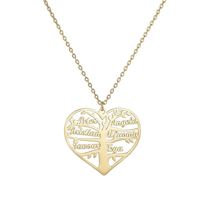 Custom stainless steel name necklace with hollow heart and lucky tree pendant in silver, gold, or rose gold.