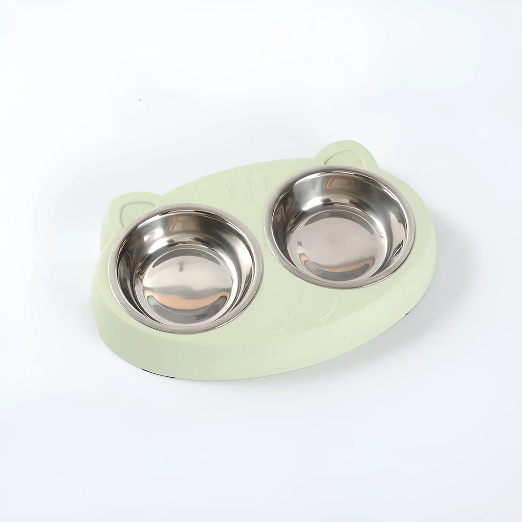 Macaron pet double bowl plastic feeding tray in blue green pink colours measuring 26.5 x 17 x 4 cm