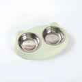 Macaron pet double bowl plastic feeding tray in blue green pink colours measuring 26.5 x 17 x 4 cm