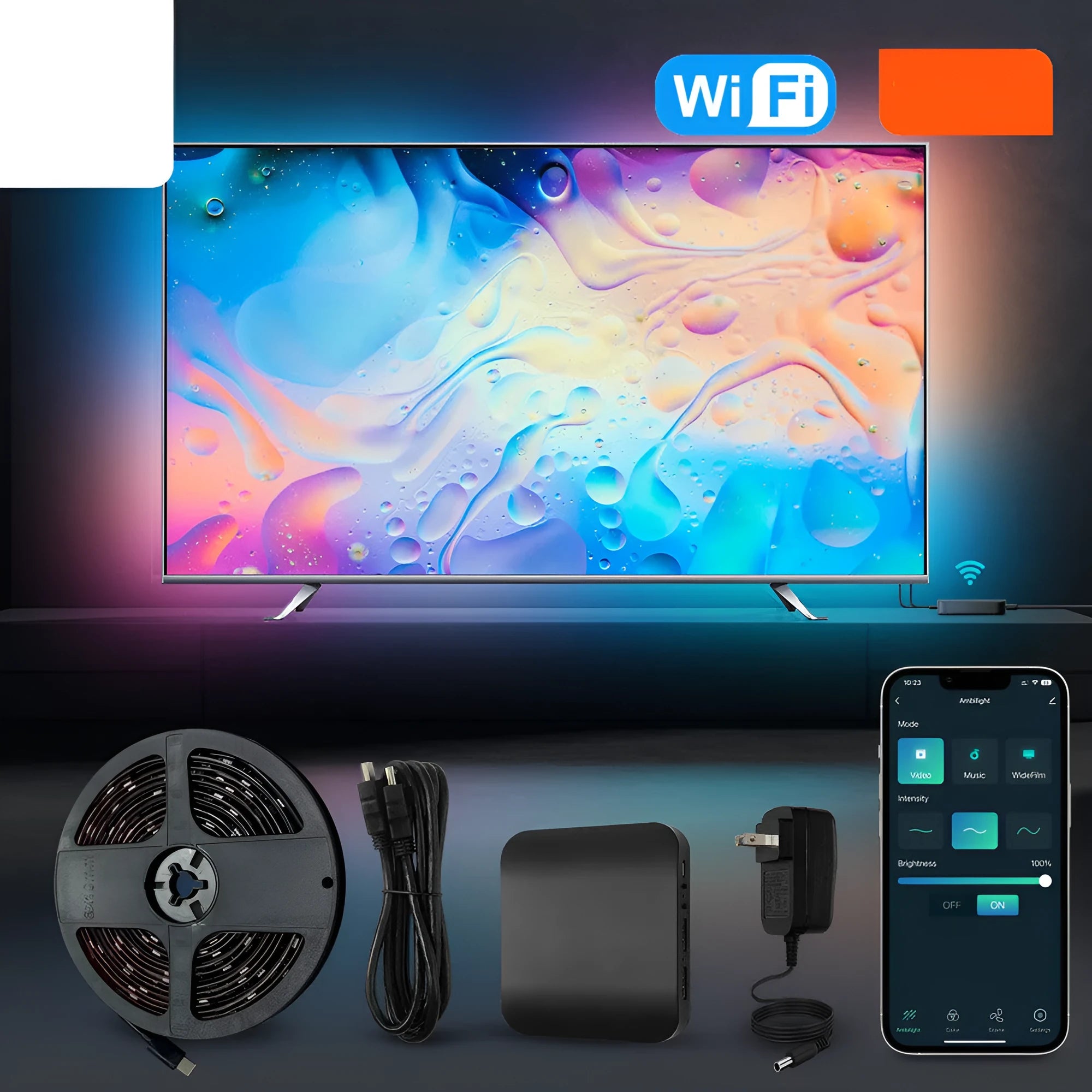Intelligent TV backlight LED strip with waterproof plastic construction in three set lengths