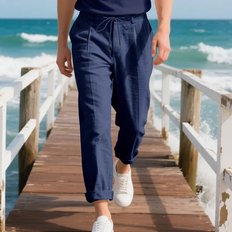 Men's linen casual trousers in straight leg style with drawstring waist in light khaki colour