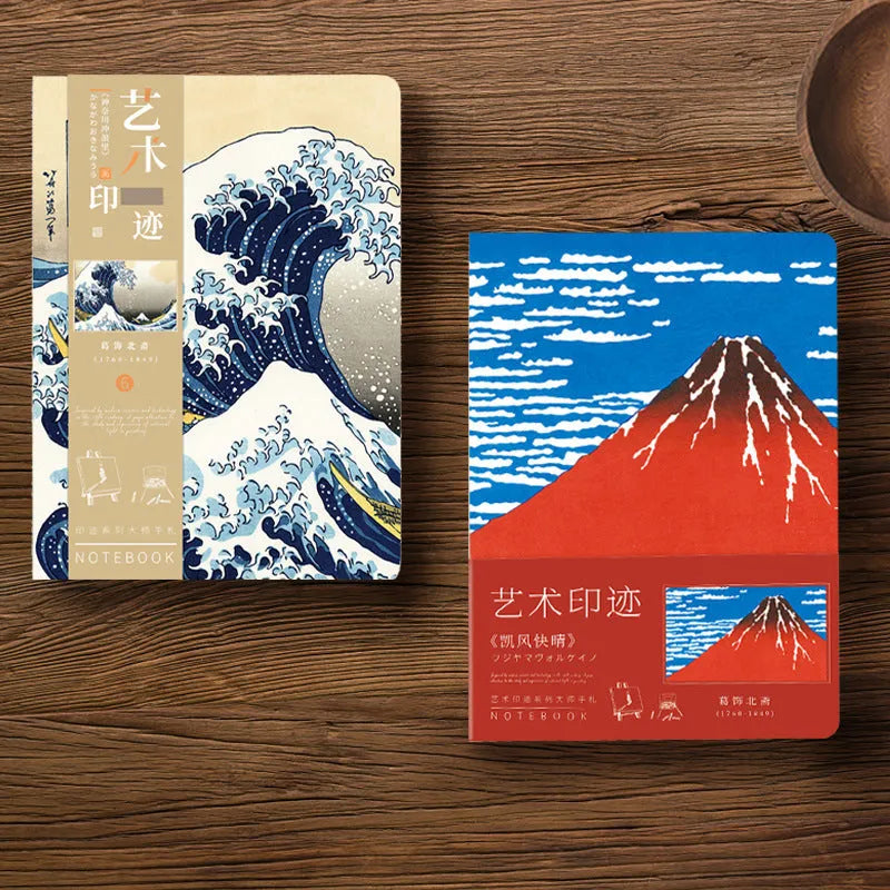 Ukiyo-e series hand ledger notebook showing Japanese art cover and open writing pages