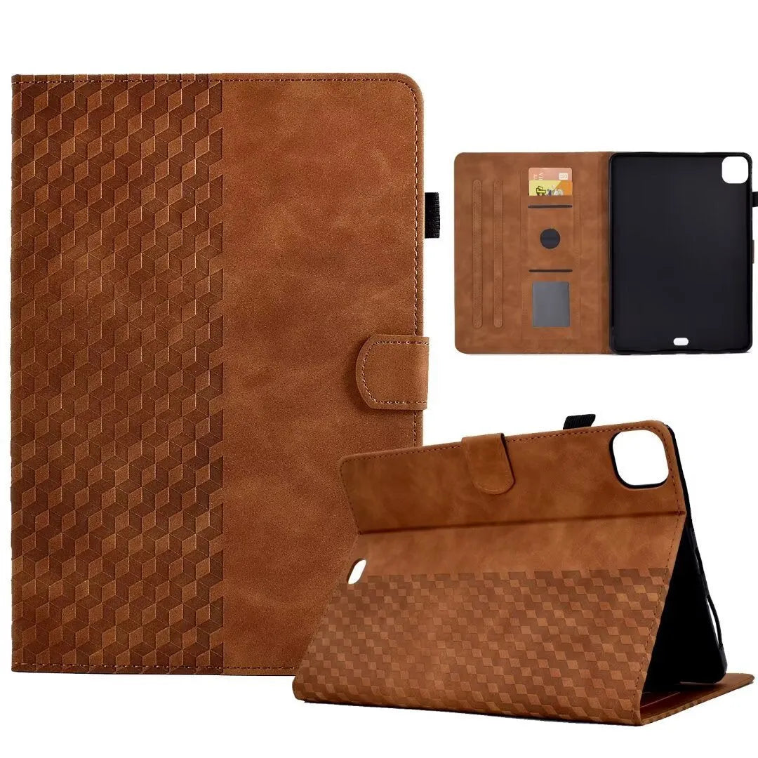 Leather tablet case for iPad Pro 11 with card slot and folded-out kickstand, shown in diamond black finish.