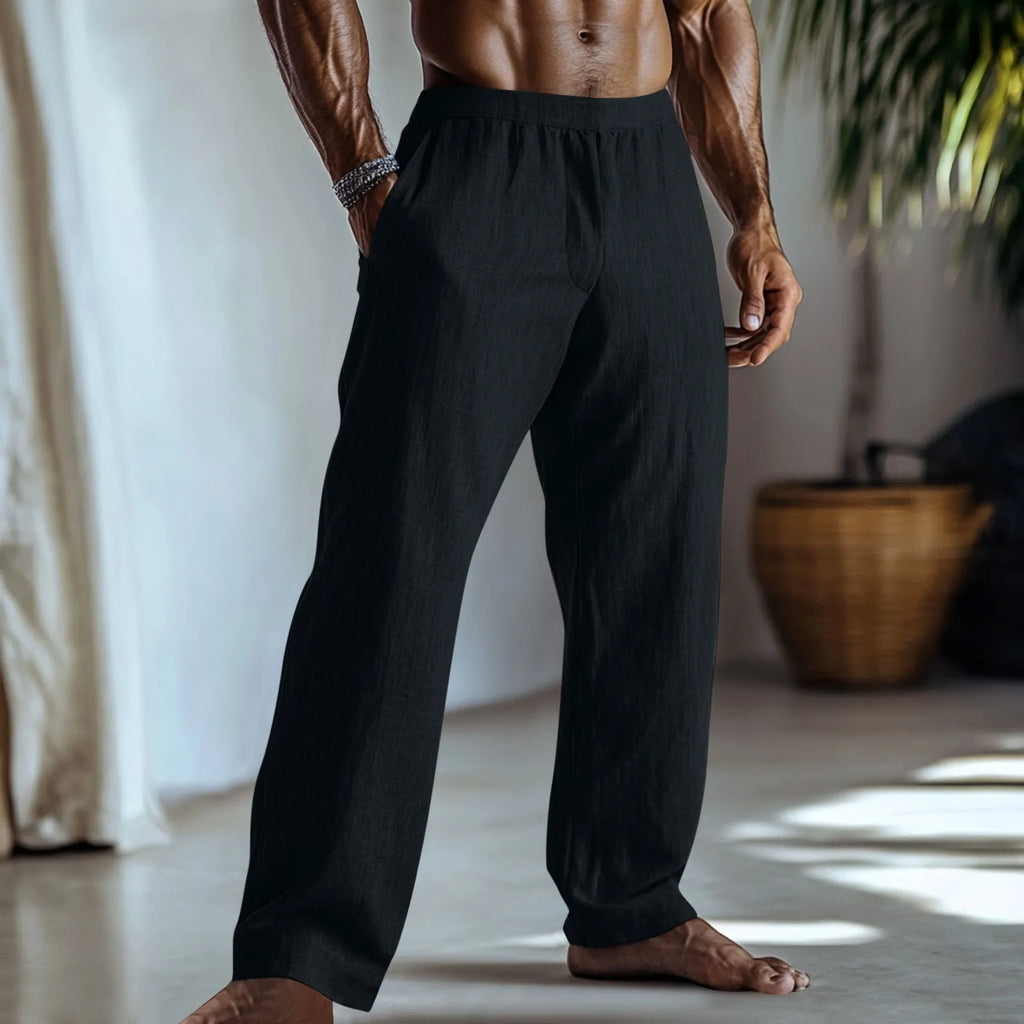 Men's straight leg casual trousers in light green cotton and linen fabric with visible pockets
