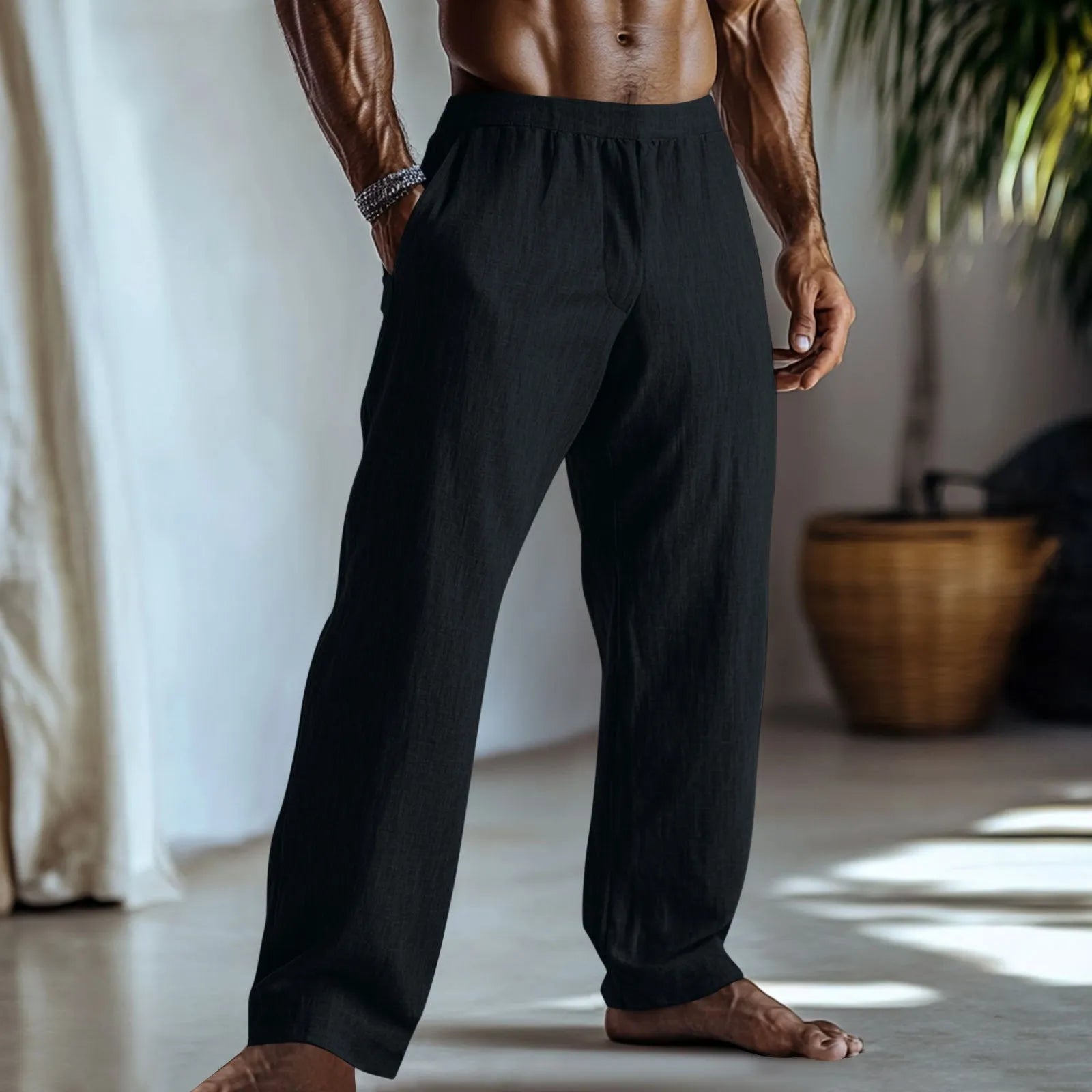 Men's straight leg casual trousers in light green cotton and linen fabric with visible pockets
