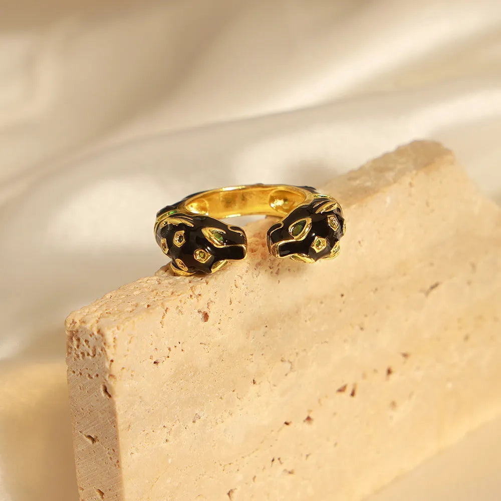 Women's geometric open ring with black cheetah print pattern on electroplated copper, size no.7