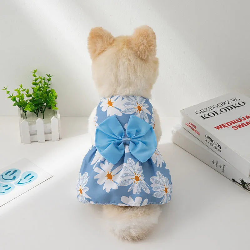 Ultra-thin floral print princess-style dress for a dog or cat, featuring a butterfly pattern and a large knot bow.