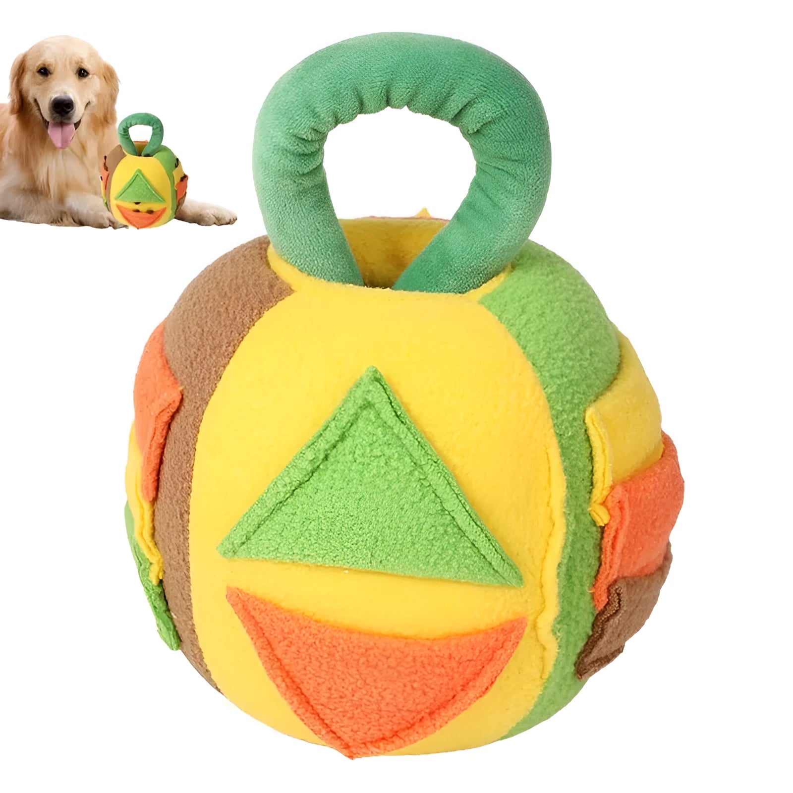 Green or pink polyester plush ball dog toy with treat pockets and a squeaker, shown next to dog treats.