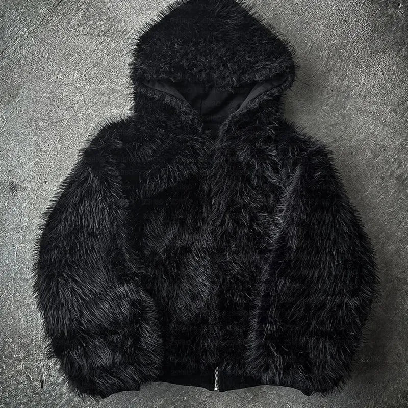 A black casual loose coat with long sleeves on a hanger, cardigan style.