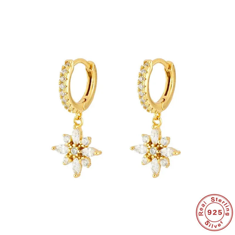 S925 sterling silver snowflake pendant earrings with geometric design in yellow gold or white gold colour finishes