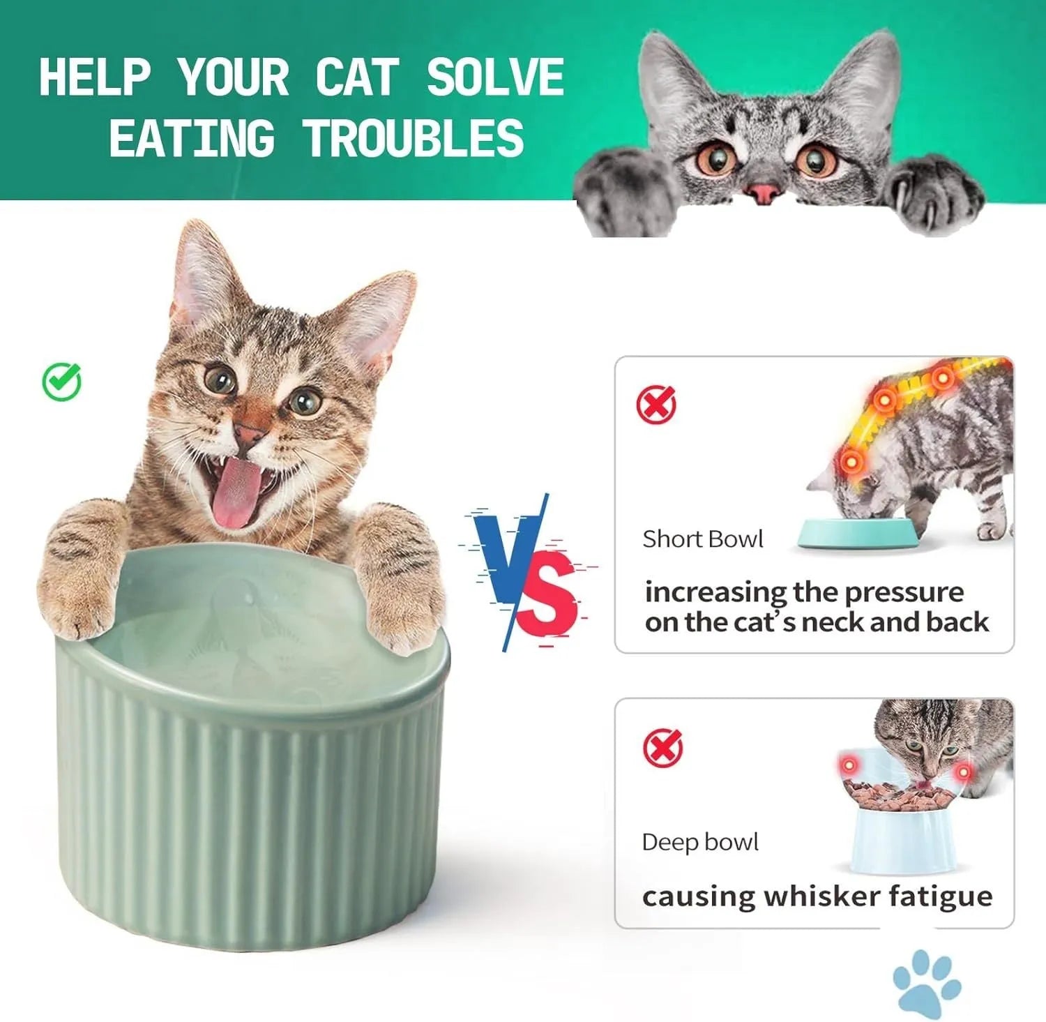 A dark green round ceramic cat bowl elevated on a base, shown at an angle.