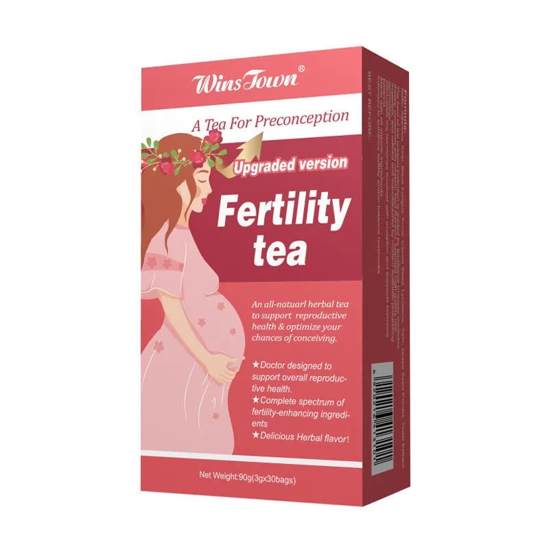 A box of fertility herbal tea containing 90 individual teabags for daily reproductive health support.