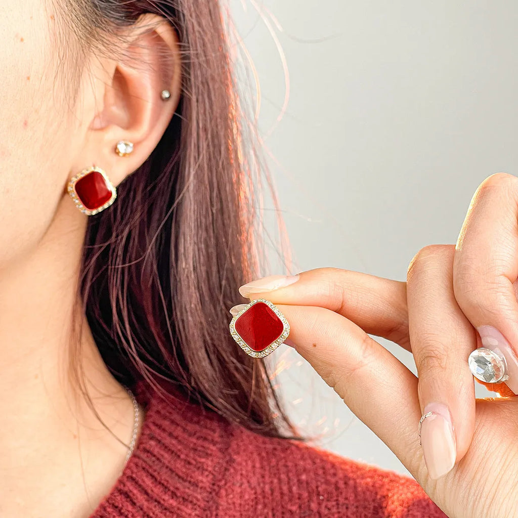 Retro red square geometric alloy earrings with seiko process finish