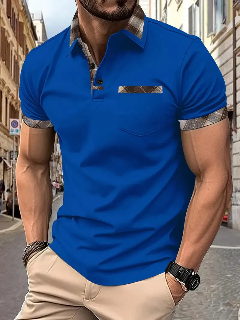 Men's plaid colourblock T-shirt with zip decorations in loose fit style