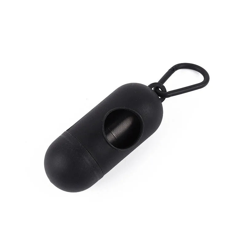 Roll of biodegradable dog poop bags showing multiple colour options including black, blue, green, and pink.