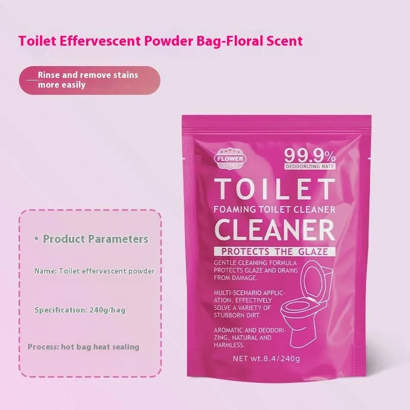 Box and bag of toilet bubble cleaning powder in blue ocean and pink floral fragrance options.