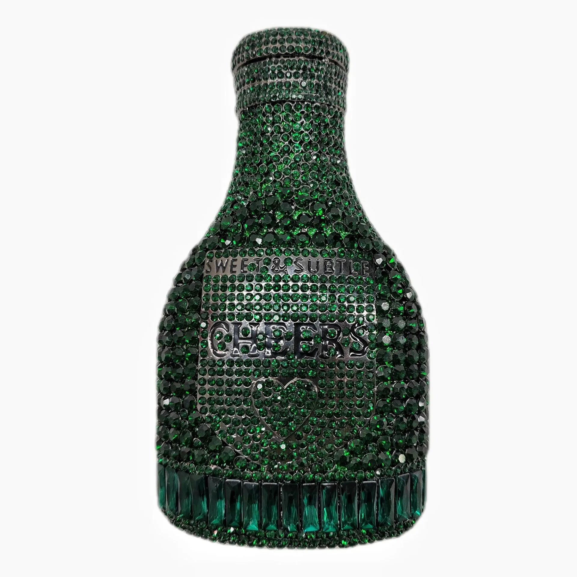 Gold rhinestone champagne bottle shaped evening clutch bag with wrist strap on a dark background.