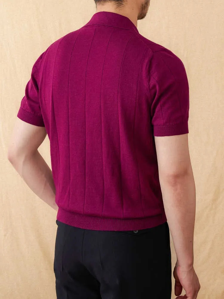 Polo collar short sleeve knitted top in ramie-cotton blend fabric available in multiple colours