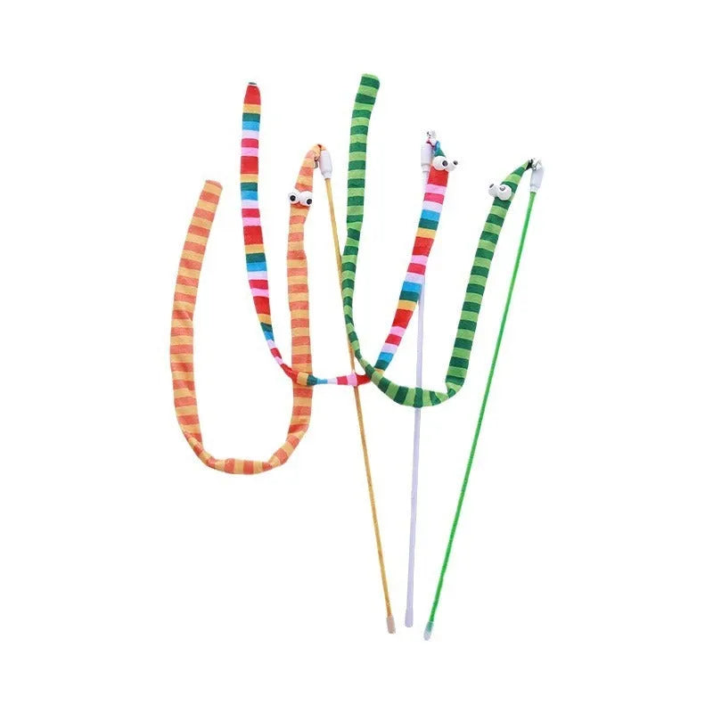 Cat wand toy with polycarbonate pole and plush strip in bright colours for interactive play