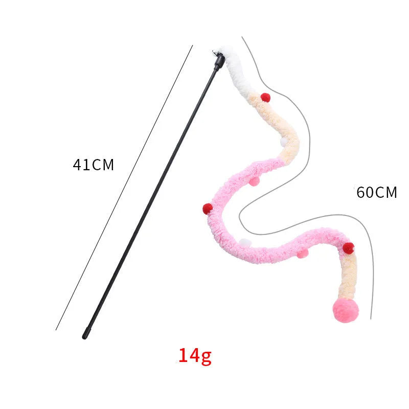 Cat wand toy with colourful plush strip and bell attachment on 41cm pole