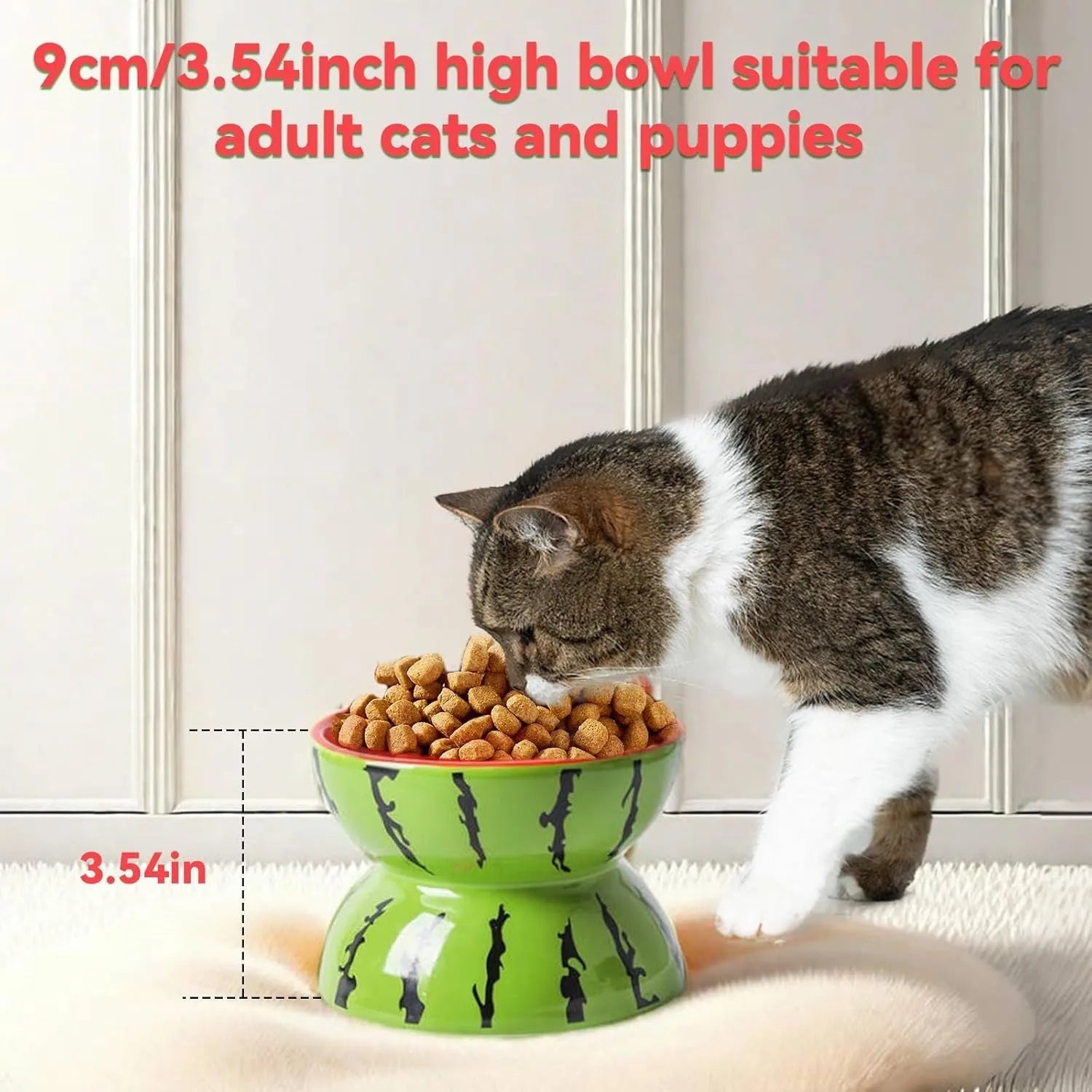 Ceramic raised cat bowl with tilted design and slip-resistant base for food and water feeding
