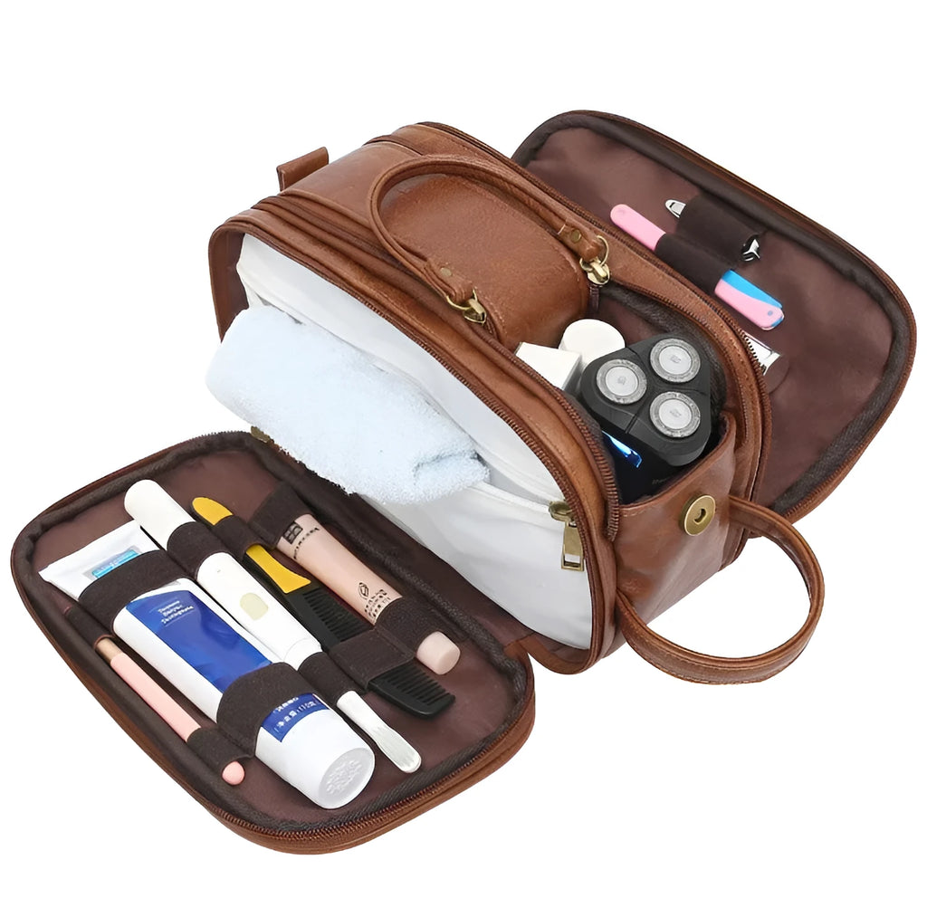 Men's black and brown Pu toiletry bag for travel storage