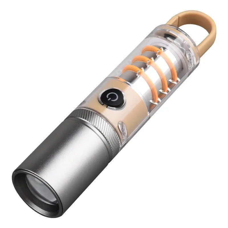 Orange and beige multifunctional flashlight with hook attachment and keychain