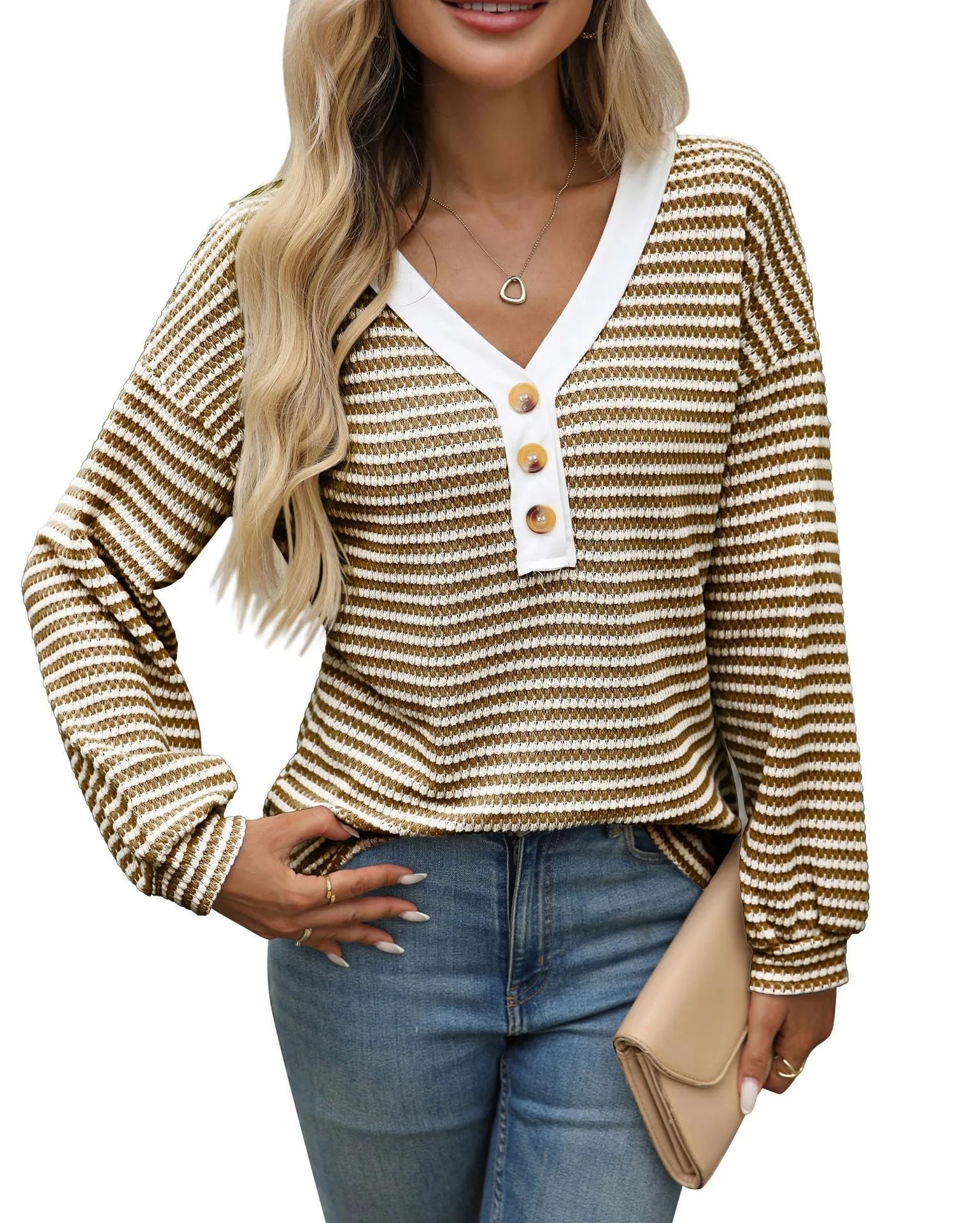 Women's V-neck patchwork pullover top in loose fit street fashion style