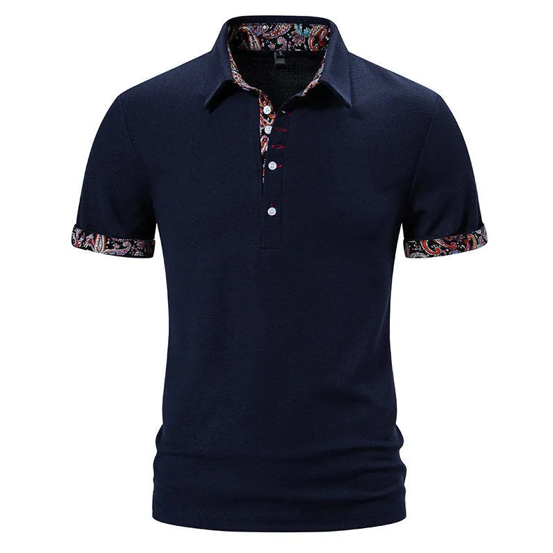 Men's short sleeve polo shirt in cotton blend fabric, showing turnover neck with colour stitching detail.