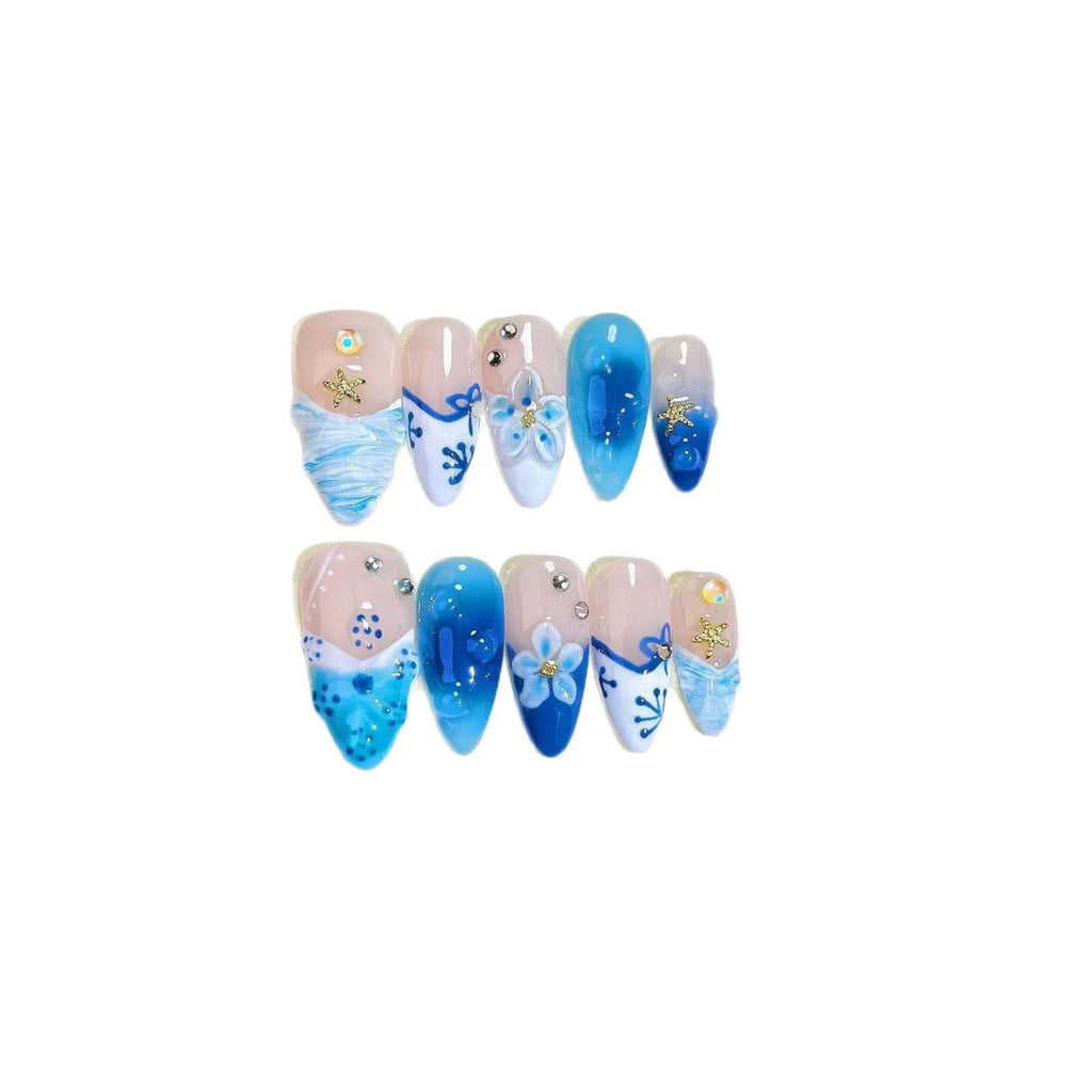 Blue hand-painted carved summer ice transparent fake nails set with plastic wearable armour